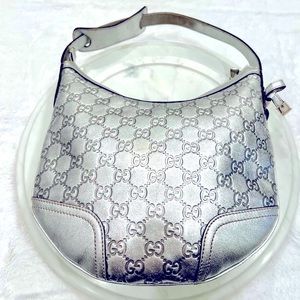 Authentic Gucci Silver Leather Bag Purse Hobo Guccissima-